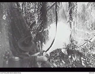 BOUGAINVILLE. 1945-04-04. A MEMBER OF THE FLAME THROWER PLATOON FROM 15 INFANTRY BRIGADE FIRING A MIAI PORTABLE FLAME THROWER DURING TESTING OF FUEL BEFORE BEING USED IN SUPPORT OF INFANTRY. THESE ..