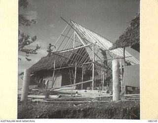 KAKAKOG, NEW GUINEA. 1944-06-27. NATIVE LABOURERS WORKING UNDER THE DIRECTION OF THE AUSTRALIAN NEW GUINEA ADMINISTRATIVE UNIT CONSTRUCT A HUT