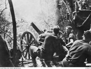 1943-08-30. NEW GUINEA. AN AUSTRALIAN MOUNTAIN GUN BOMBARDING JAPANESE POSITIONS ON MOUNT TAMBU FROM WHICH THE ENEMY WERE DRIVEN, ENABLING ALLIED TROOPS TO ADVANCE ON SALAMAUA. THE POSITION FOR THE ..