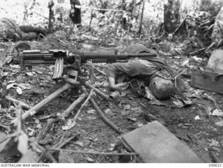 FARIA VALLEY, NEW GUINEA, 1943-10-17. A JAPANESE 7.7MM TYPE 92 "WOODPECKER" MACHINE GUN AND BODIES OF DEAD GUN CREW AFTER A SUCCESSFUL ACTION AT TREVOR'S RIDGE BY THE 2/27TH AUSTRALIAN INFANTRY ..