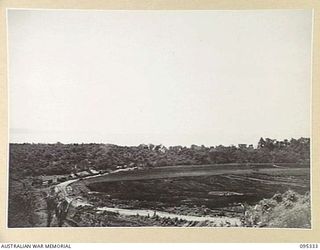 JACQUINOT BAY, NEW BRITAIN, 1945-08-20. A VIEW OF THE UPPER SECTION OF 2 INDEPENDENT FARM PLATOON, AUSTRALIAN ARMY SERVICE CORPS, SHOWING THE ADMINISTRATIVE BUILDINGS ON THE LEFT. THE AREA UNDER ..