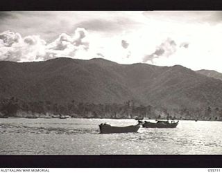 NASSAU BAY, NEW GUINEA. 1943-08-16. CAPTURED JAPANESE BARGES OPERATED BY THE 162ND UNITED STATES INFANTRY