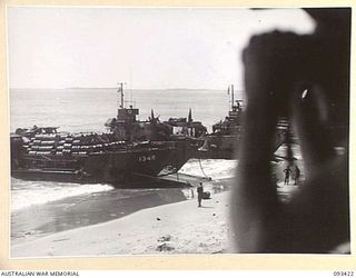 AITAPE BEACH HEAD, NEW GUINEA. 1945-06-19. THE VIEW FROM THE CONTROL TOWER, MANNED BY MEMBERS OF 7 DOCKS OPERATING COMPANY, ROYAL AUSTRALIAN ENGINEERS. THE CONTROL TOWER IS ABLE TO SIGNAL VESSELS ..