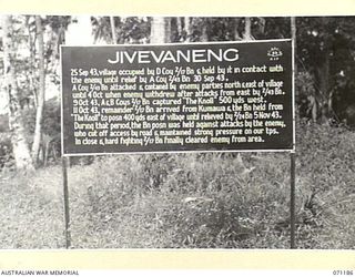 FINSCHHAFEN AREA, NEW GUINEA. 1944-03-17. ONE OF MANY BATTLE SIGNS IN THE AREA, THIS SIGN RECORDS ACTIVITIES OF THE 2/17TH, 2/24TH AND THE 2/43RD INFANTRY BATTALIONS