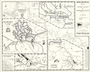 Map of Aiyura Valley & Markham Valley (Kainantu to Lae) with detailed insert maps of Ukarumpa -Sil Cente [i.e. Centre], Kainantu, Aiyura