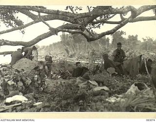 BABIANG, NEW GUINEA. 1944-11-07. TROOPER K. LAMONT (1), WITH TPR J. BRODERICK (2), MEMBERS OF 2/10 COMMANDO SQUADRON PATROL, ESTABLISHING HQ AT AN OLD ABANDONED JAPANESE 75 MM GUN POSITION