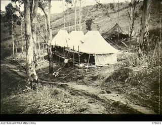 Oro Bay, New Guinea. 1943-04. A tent ward of the 10th Field Ambulance, Army Medical Corps before camouflaging