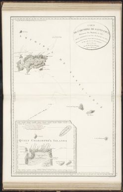Carte de l'archipel de Santa-Cruz, decouvert par Mendana, en 1595, (Queen Charlotte's Islands de Carteret en 1767) reconnue par le contre-amiral Bruny-Dentrecasteaux; en mai 1793 (an 1er de l'ere Francaise) levee et dressee par C.F. Beautemps-Beaupre, ingenieur-hydrographe