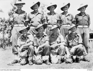 SOUTH ALEXISHAFEN, NEW GUINEA. 1944-07-24. NON COMMISSIONED OFFICERS OF NO. 27 BATTERY, 2/14TH FIELD REGIMENT. IDENTIFIED PERSONNEL ARE:- VX27612 BOMBARDIER L.J. JOHNSON (1); VX75724 LANCE ..