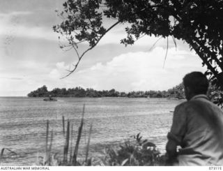 ALEXISHAFEN, NEW GUINEA. 1944-05-10. THE VIEW FROM MILILAT PLANTATION AT HEADQUARTERS 5TH DIVISION LOOKING TOWARDS MADANG. THE WATERCRAFT IN THE MID FOREGROUND IS TRAVELLING TO MADANG