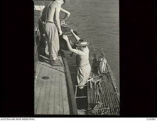 RAAF ACTIVITIES IN THE NEW GUINEA AREA ARE NOT CONFINED TO FLYING AIRCRAFT. IT HAS SPEEDY LAUNCHES FOR SUPPLYING ISLAND POSTS. THIS LAUNCH HAS ANCHORED OFF A SMALL SOUTH-WEST PACIFIC ISLAND TO TAKE ..