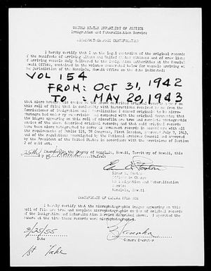 Volume 154: Immigration Service Forms, October 31, 1942 - May 20, 1943