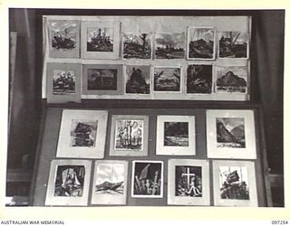 LAE, NEW GUINEA. 1945-09-11. AN EXHIBITION OF WORKS BY MEMBERS OF THE LAE ART GROUP AT THE CHARING CROSS EDUCATION CENTRE, ARRANGED BY THE AUSTRALIAN ARMY EDUCATION SERVICE. THE EXHIBITS INCLUDED ..