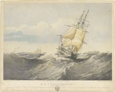 H.M.S. Rattlesnake & Bramble tender commanded by Captain Owen Stanley R.N. : finding an entrance through the reefs into the Louisiade Archipelago, S.E. extreme, New Guinea, June 14th, 1849 / O.W. Brierly ; Day & Son Lithographers