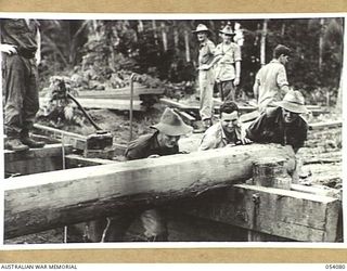 MILNE BAY, NEW GUINEA, 1943-07-12. TROOPS OF THE 21ST AUSTRALIAN ARMY FIELD COMPANY, ROYAL AUSTRALIAN ENGINEERS BUILDING A BRIDGE ACROSS LAUIAM CREEK. LEFT TO RIGHT:- FOREGROUND:- VX105617 CORPORAL ..