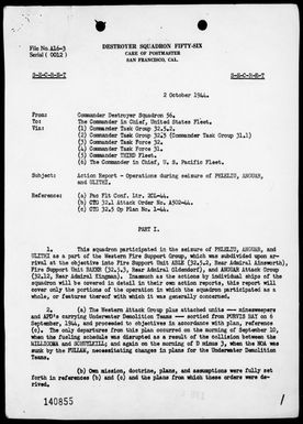 COMDESRON 56 - Rep of opers in support of the invasions & captures of Ulithi Island, Carolines & the Palau Islands, 9/15-29/44