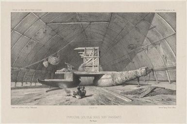 Pirogue double sous son hangard, Ile Vavao / dessine par L. Le Breton; lith. par P. Blanchard