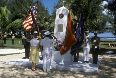 A wreath laying ceremony takes place as part of the Congressional Medal of Honor Monument dedication ceremony, to honor four Marines for the heroism above and beyond the call of duty while fighting the Japanese during World War II. They are Captain Louis Wilson Jr., Private First Class (PFC) Leonard Mason, PFC Luther Skaggs and PFC Frank Witek