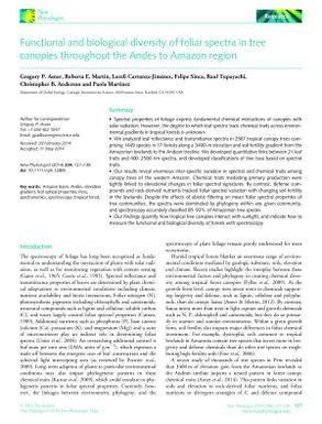 Functional and biological diversity of foliar spectra in tree canopies throughout the Andes to Amazon region.