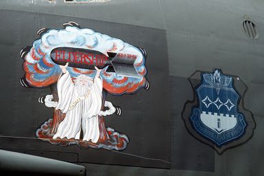 A close-up view of the artwork and unit insignia on the side of a 320th Bombardment Wing B-52G Stratofortress aircraft known as "Eldership". This particular aircraft is the oldest B-52G in the Air Force inventory and will be retired in July 1989. The aircraft is in Guam for Exercise Giant Warrior '89