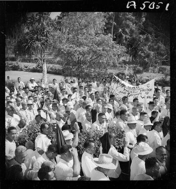 Group in the grounds of the United Nations Mission headquarters, Apia, Samoa - Photograph taken by E S Andrews
