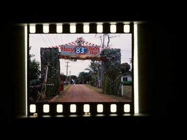 Decorated archway, celebrations of 83rd birthday of King Taufa'ahau Tupou IV,Tonga