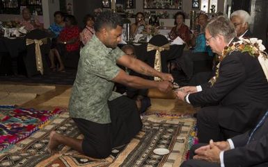 Rau Tevita Raicebe presenting a bowl of Kava to Chief Guest Senator Paul Scarr at inaugural fund raising dinner for maternal care hospitals in Fiji, 8 October 2021 / Michael Singh