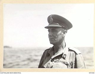 BOUGAINVILLE, 1945-05-10. LT-GEN V.A.H. STURDEE, GOC FIRST ARMY, ABOARD LANDING CRAFT 20 BEFORE LANDING AT FREDDIE BEACH, FOR A TOUR OF INSPECTION OF TROOPS OF 11 INFANTRY BRIGADE IN THE SORAKEN ..