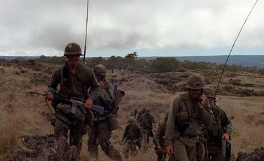 Captain John Caldwell (right), operations officer, 1ST Battalion, 35th Infantry, 25th Infantry Division, keeps in radio contact with his troops upon their arrival deep inside "enemy" territory during Operation THUNDERBOLT