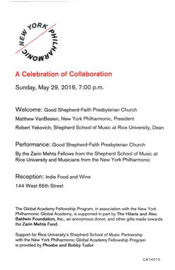Members of NY Philharmonic Printed Program (Chamber), May 29, 2016 at Good Shepherd Faith Presbyterian Church in Manhattan, NY; , conductor