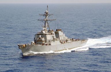 A starboard bow view of the US Navy (USN) ARLEIGH BURKE CLASS (FLIGHT I) GUIDED MISSILE DESTROYER (AEGIS), USS THE SULLIVANS (DDG 68), underway in the Mediterranean Sea, during Operation ENDURING FREEDOM. DDG 68 is named for five Sullivan brothers who lost their lives in World War II during the Battle of Guadalcanal in the Solomon Islands