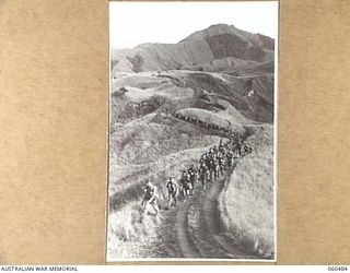 RAMU VALLEY AREA, NEW GUINEA. 1943-11-09. UNITS OF THE 21ST AUSTRALIAN INFANTRY BRIGADE MARCHING ALONG A WINDING TRACK IN THE FOOTHILLS OF THE FINISTERRE RANGES ON THEIR WAY TO THE RAMU VALLEY ..