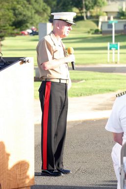 US Marine Corps (USMC) Brigadier General (BGEN) George J. Trautman, III, Commanding General (CG), Marine Corps Base (MCB) Hawaii, Deputy Commander US Marine Forces, Pacific (USMARFORPAC), and Deputy CG III Marine Expeditionary Force (MEF), Hawaii, delivers a speech at the Kaneohe Klipper Ceremony, on December 7, 2004, at Marine Corps Base Hawaii (MCBH) Kaneohe Bay