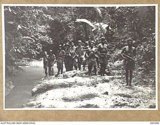 SATTELBERG AREA, NEW GUINEA. 1943-11-15. TROOPS OF THE 2/24TH. AUSTRALIAN INFANTRY BATTALION AND NATIVES ATTACHED TO THE UNIT, MOVING OUT ON A PATROL INTO ENEMY TERRITORY. SHOWN ARE: UNKNOWN. ..
