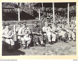 TOROKINA, BOUGAINVILLE. 1945-08-16. THE OFFICIAL PARTY ATTENDING THE VICTORY THANKSGIVING SERVICE AT GLOUCESTER OVAL. GRACIE FIELDS (1) IS ACCOMPANIED BY LIEUTENANT GENERAL S.G. SAVIGE, GENERAL ..