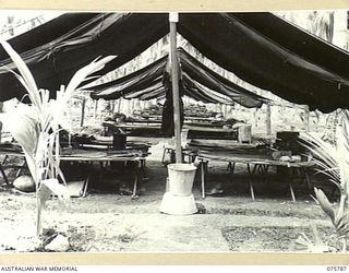 SIAR-NAGADA, NEW GUINEA. 1944-09-08. THE TENT DORMITARY OF NO.27 PLATOON, D COMPANY, 61ST INFANTRY BATTALION "THE QUEENSLAND CAMERON HIGLANDERS"