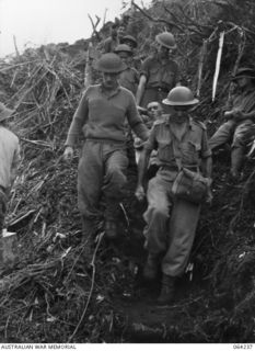 SHAGGY RIDGE, NEW GUINEA. 1944-01-22. STRETCHER BEARERS BRINGING IN WOUNDED OF THE 2/9TH INFANTRY BATTALION DURING A THREE-PRONGED ATTACK ON SHAGGY RIDGE BY TROOPS OF THE 2/9TH INFANTRY BATTALION, ..