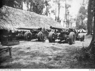 TOROKINA, BOUGAINVILLE, SOLOMON ISLANDS. 1945-10. TWO 155MM (1918 PATTERN) ARTILLERY PIECES OF U HEAVY BATTERY, ROYAL AUSTRALIAN ARTILLERY WHICH HAVE BEEN OVERHAULED FOR RETURN TO ORDNANCE