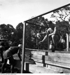 DONADABU, NEW GUINEA. 1943-11-09. N197953 CORPORAL L. G. CLARK OF THE 9TH AUSTRALIAN WORKSHOPS AND PARKS COMPANY, ROYAL AUSTRALIAN ENGINEERS SUPERVISING THE STACKING OF CUT TIMBER AT THE EILOGO ..