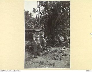 AITAPE, NEW GUINEA. 1945-03-19. GENERAL SIR THOMAS A. BLAMEY, COMMANDER-IN-CHIEF, ALLIED LAND FORCES, SOUTH WEST PACIFIC AREA (1), WITH MAJOR-GENERAL J.E.S. STEVENS, GENERAL OFFICER COMMANDING 6 ..