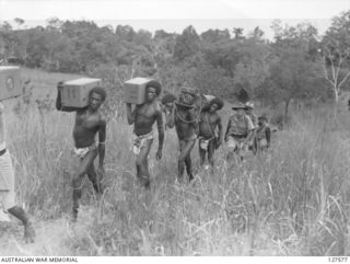 WAIWAI, NEW GUINEA. 1942-10. CAPTAIN GRAHAMSLAW (1) AND WARRANT OFFICER 2 J. WILKINSON (2) FROM ANGAU WITH NATIVES [CARRYING THEIR SIGNAL EQUIPMENT]. SIX CANOES CARRYING CAPTAIN GRAHAMSLAW'S PARTY ..