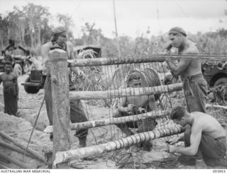 BOUGAINVILLE, 1945-07-13. SIGNALLERS FROM 3 DIVISION SIGNALS CONSTRUCTING AN 'H' PIECE TO RUN LINES UNDER THE NEW AUSTER AIRSTRIP WHICH IS UNDER CONSTRUCTION NEAR THE MOBIAI RIVER