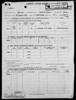 VMF-114 - ACA rep #30-45 - Bombing of concentrated AA positions on Koror Is, Palau Is, 3/27/45