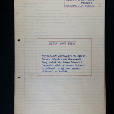 Population movement: The case of Solomon Islanders and Descendents living outside the Solomon Islands: A comparative study of Solomon Islanders in settlements in Fiji and Mackay settlement in Australia by John Teddy