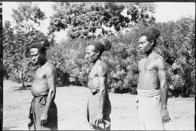 Three men in profile showing hair style, Awar, Sepik River, New Guinea, 1935 / Sarah Chinnery
