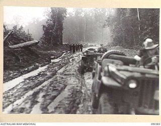 BOUGAINVILLE. 1945-04-06. JEEPS PLOUGHING THROUGH MUD ALONG BUIN ROAD, SOUTH OF THE PURIATA RIVER. THE ROAD, CONSTRUCTED BY AUSTRALIAN ENGINEERS, IS THE LINE OF COMMUNICATION TO 25 INFANTRY ..
