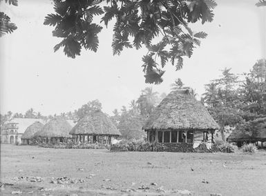 [Village scene showing four buildings with thatch roofing]