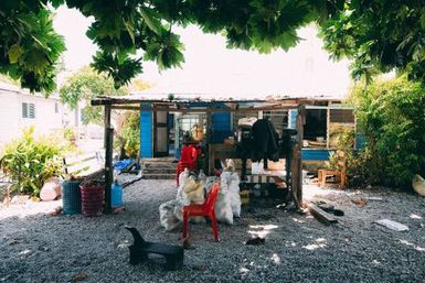 Backyard with coconut grater, Atafu, Tokelau