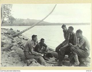 BULATAGI, NEW GUINEA. 1944-07-31. OFFICERS OF D TROOP, 28TH FIELD BATTERY, HOLDING A CONFERENCE ON THE BEACH. IDENTIFIED PERSONNEL ARE:- SX10751 CAPTAIN R. WILLIAMS (1); NX40937 LIEUTENANT K.C. ..