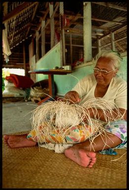 Woman weaving, Cook Islands